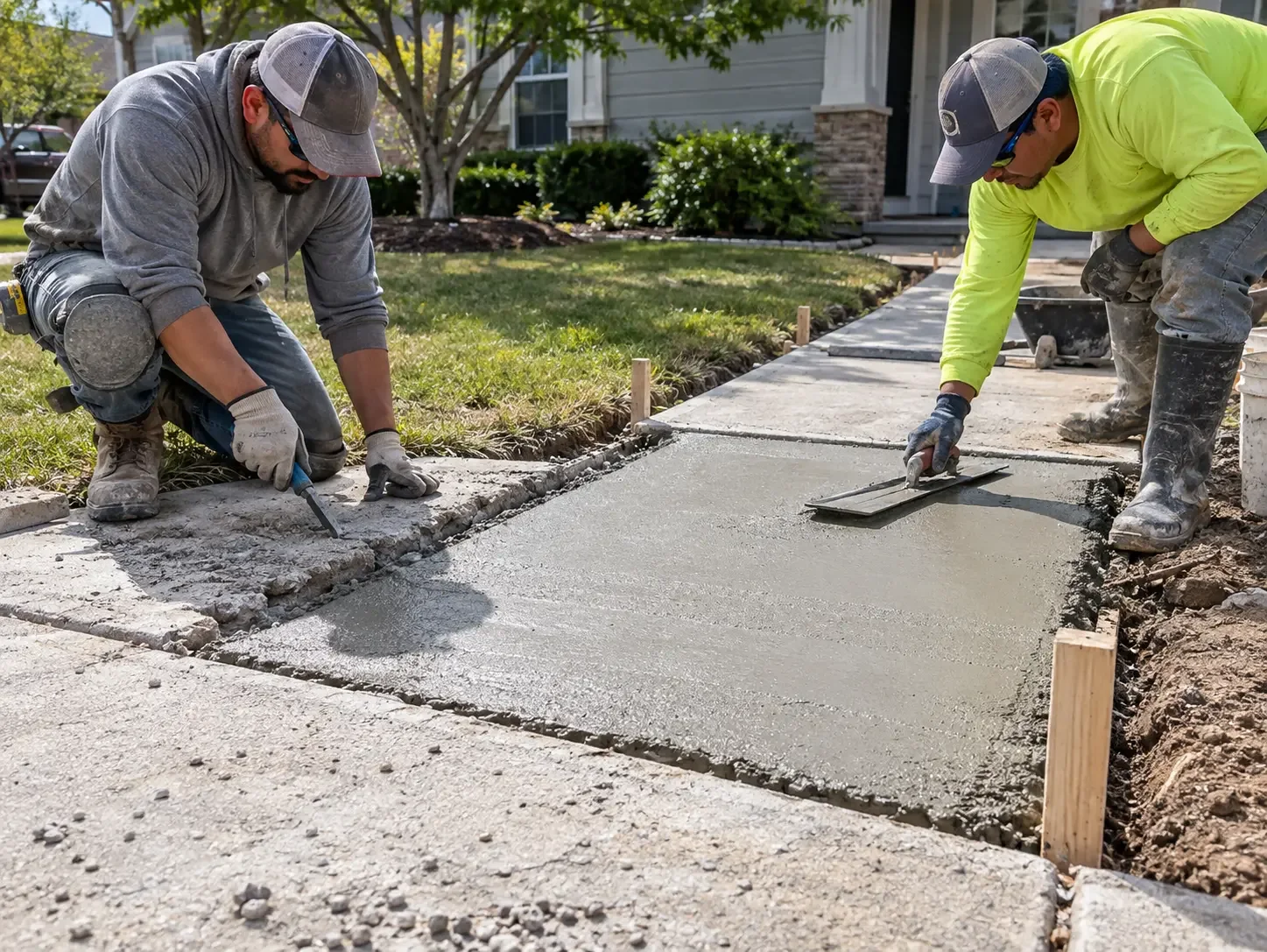 Concrete crew placing and finishing a repaired driveway section