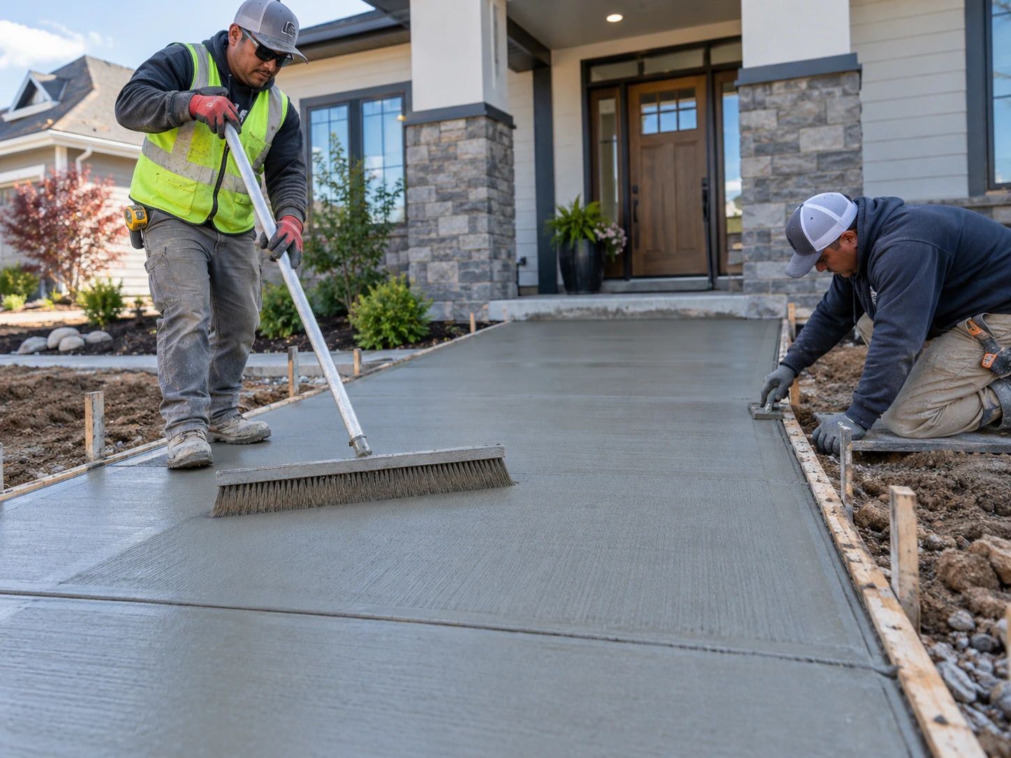 Concrete finishers applying a uniform broom finish to a residential driveway