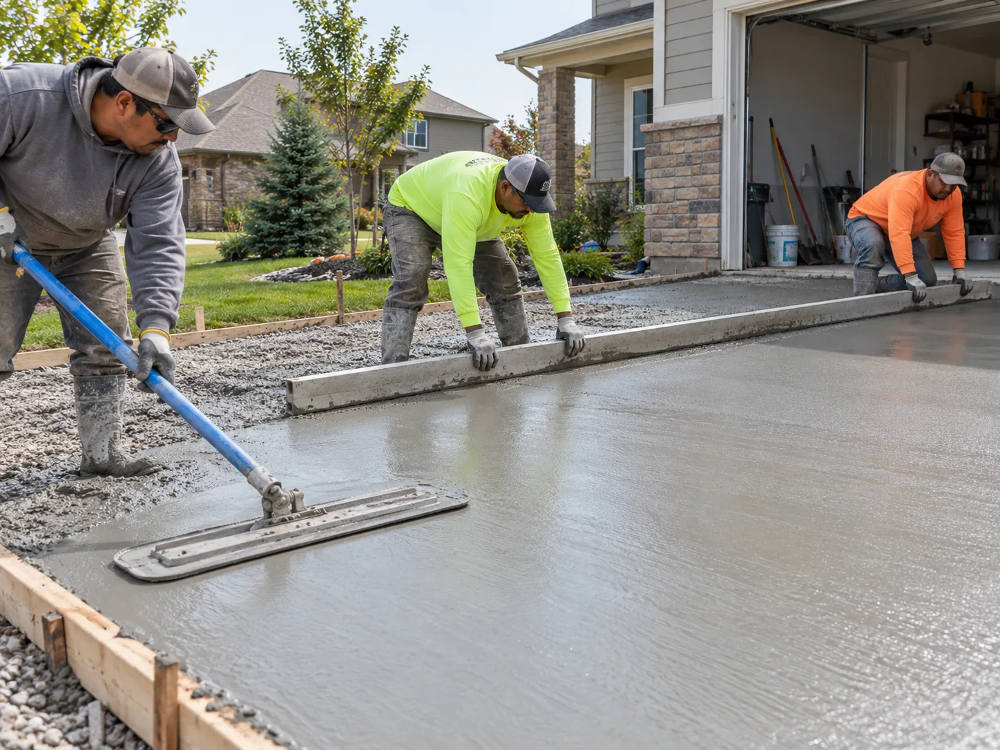 Concrete crew screeding and smoothing a newly placed residential driveway