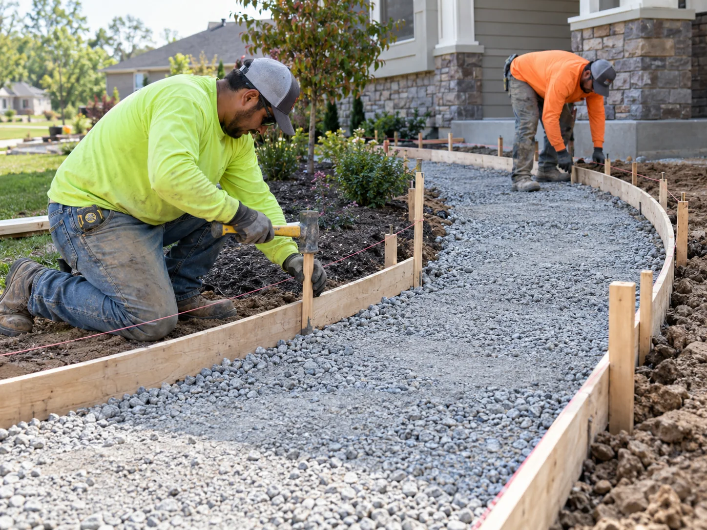 Concrete crew preparing and forming a compacted stone base for a driveway